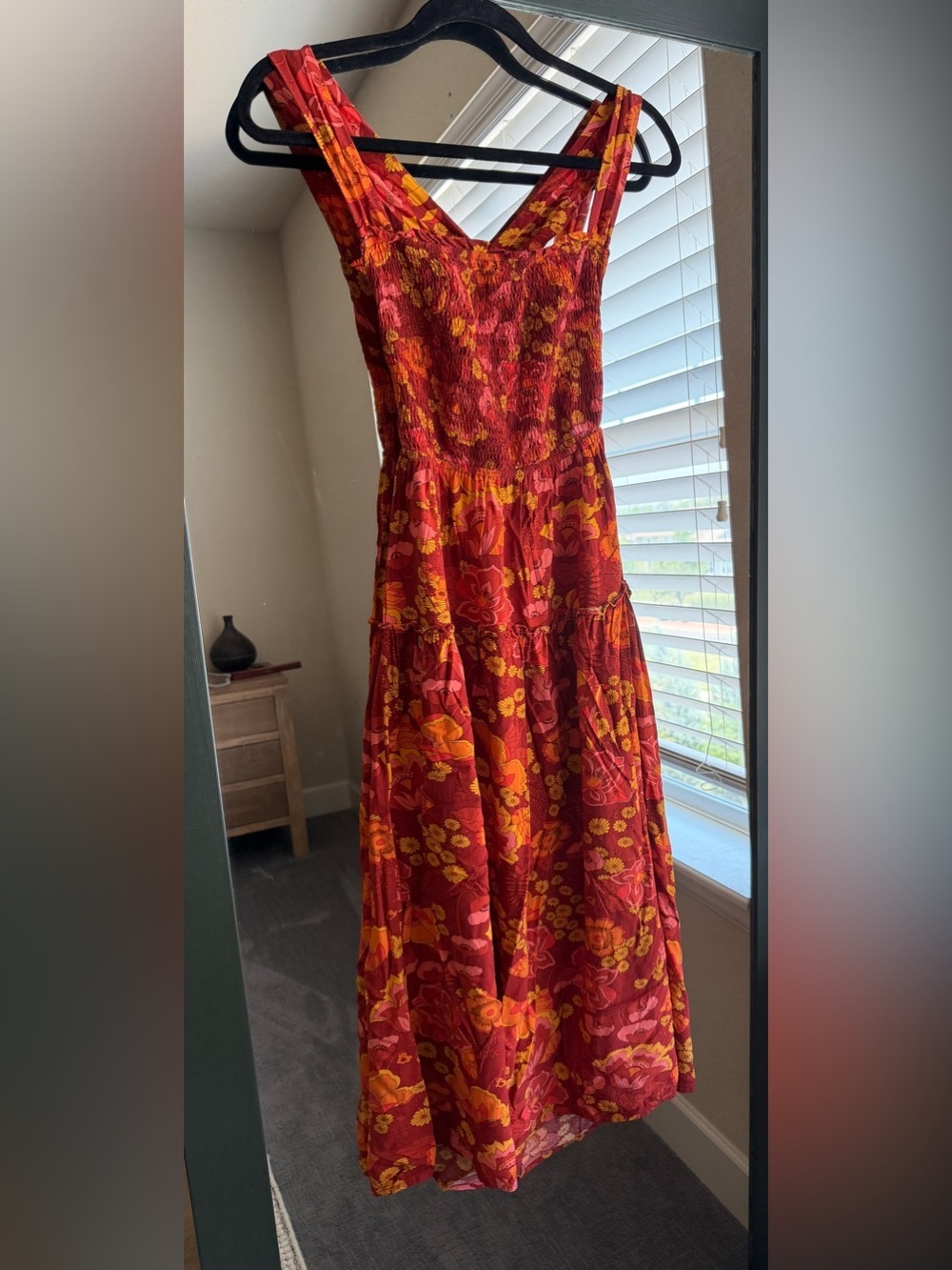 ZESICA Boho Floral Criss Cross Back Tiered Midi Dress - Sunset Orange & Pink